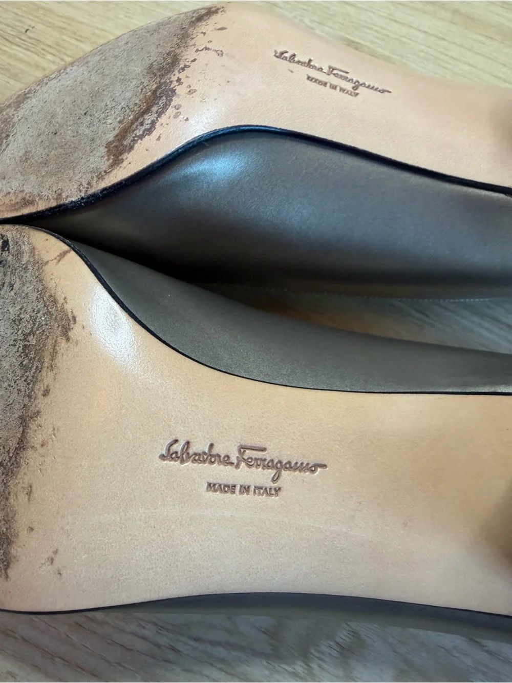 Salvatore Ferragamo Metallic Bronze Leather Block Heel Pumps Size 9 B Italy